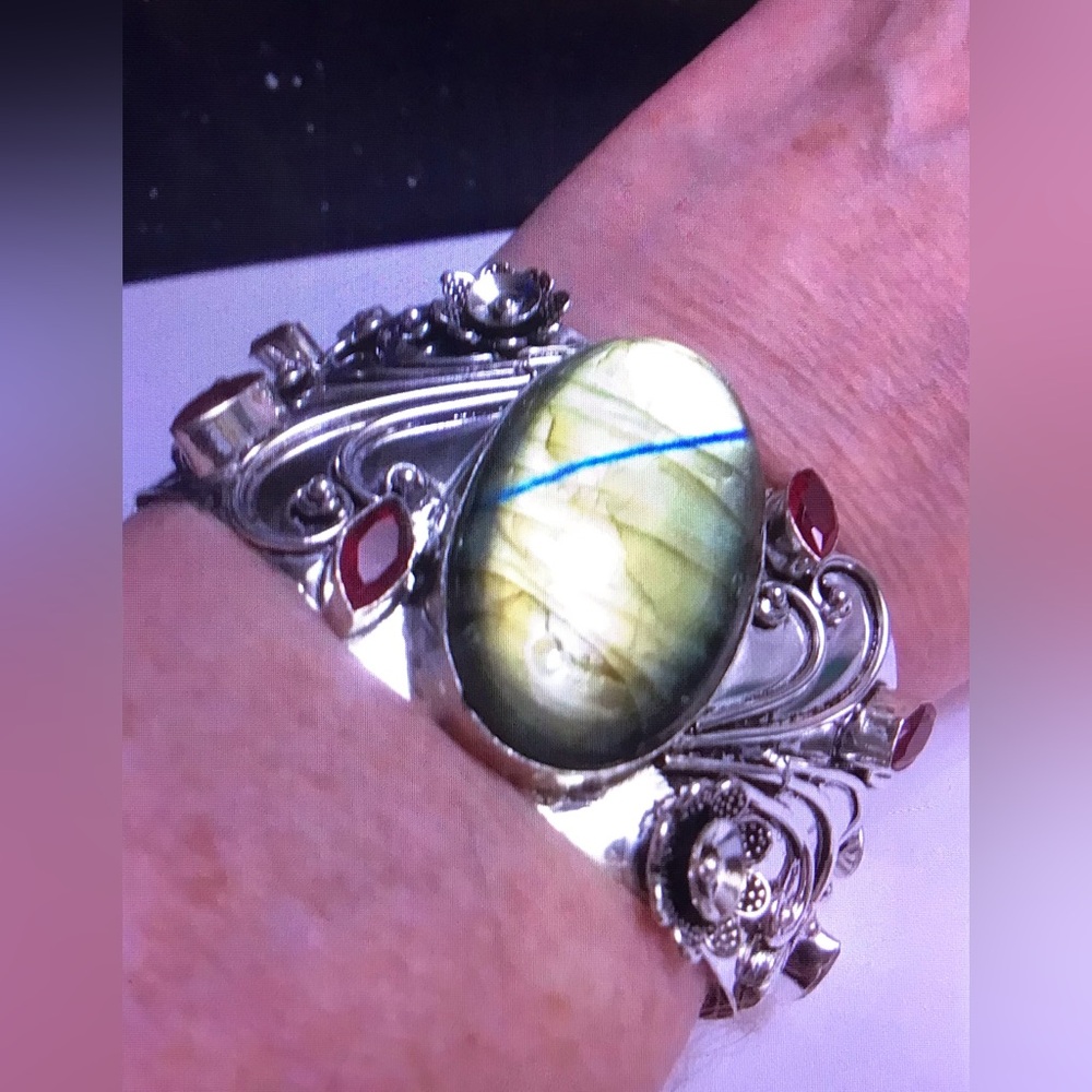 Labradorite Garnet Stamped Solid 925 Sterling Silver Cuff Bracelet